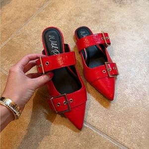 Red Buckle Strap Women's Mules